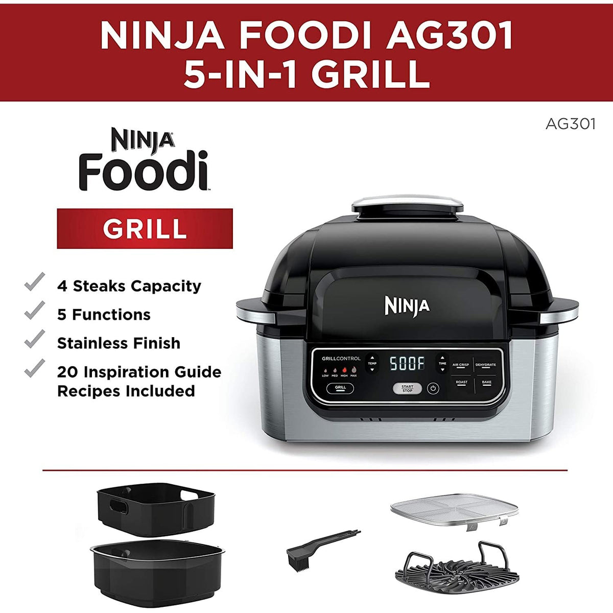 Ninja AG301 Foodi 5-in-1 Indoor Electric Grill with Air Fry