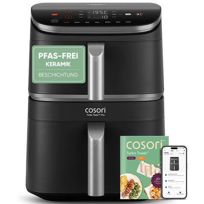 COSORI Turbo Tower Pro Smart Airfryer, 10,8L Keramikbeschichtung Heißluftfritteuse, DualBlaze-Technologie und WLAN-Steuerung, Silbergrau, Grau Silber
