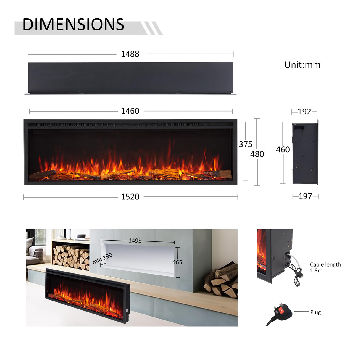 FLAMME 60"/152cm Castello Platinum Smart Inset Media Wall Electric Fireplace