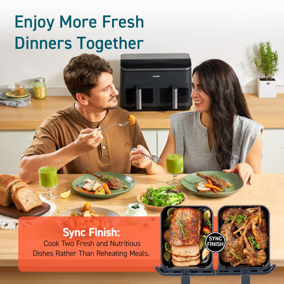 Cosori Dual Air Fryer, 9QT, 10-in-1,Sync Cook & Finish, Max 450°F